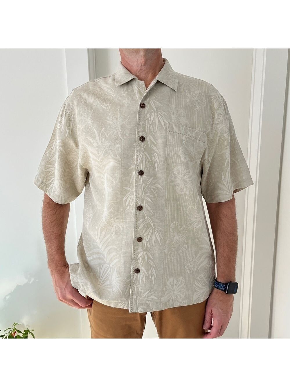 JAMAICA JAXX Silk Short Sleeve Button Front Shirt Jacquard Tropical Resortwear